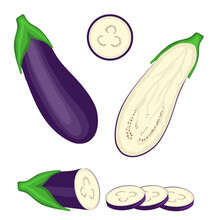 Three-dimensional Pattern Of Eggplant, Eggplant Cut In Half, Sliced Into Circles, Isolated On A White Background