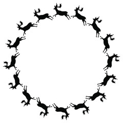 Round animal frame with running deer or elks. Black and white silhouette. Christmas design.