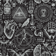 Abstract Hand-drawn Seamless Pattern On A Theme Of Occultism, Satanism And Witchcraft In Vintage Style. Monochrome Vector Background With Ominous Sketches. Chalk Drawings On A Black Backdrop