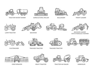 Wall Mural - Set line icons of tractors. The set of Agricultural machinery.