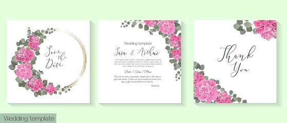 Wall Mural - Vector template for wedding invitation. Pink peonies, eucalyptus, green leaves and plants, round frame.