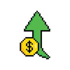 Poster -  pixel dollar rate up icon  pixel art icon element for  8 bit game 