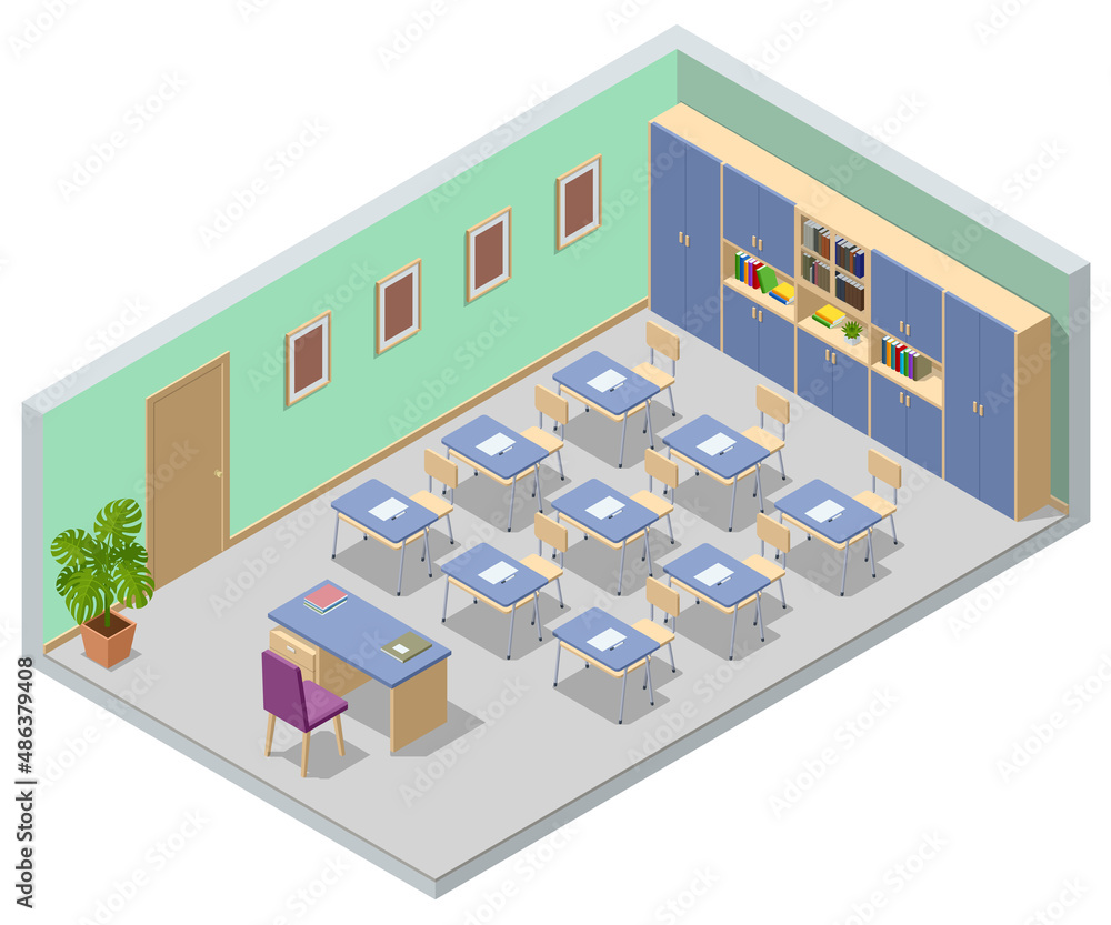 Isometric empty school classroom. Education. Classroom design with ...
