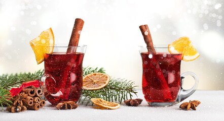 Sticker - Apple cider with slices, cinnamon and anise stars in transparent cups. Seasonal apple mulled wine