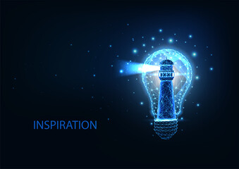 Wall Mural - futuristic smart idea concept with glowing low polygonal lighthouse inside of light bulb isolated on
