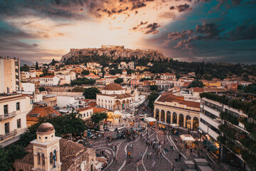 Sticker - aerial panoramic view of Monastiraki square and the Acropolis at sunset in Athens  Greece