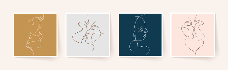 Wall Mural - Set of one line faces, couple man and woman. Valentine's day minimalistic vector illustration.