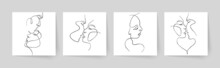 Set Of One Line Faces, Couple Man And Woman. Valentine's Day Minimalistic Vector Illustration.