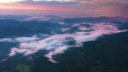 Wall Mural - Mountain morning of Ukraine in  Carpathians transparent haze in  valleys sunrise gentle fabulous. Houses of Ukrainian mountaineers  of Verkhovyna. Drone flight video. 