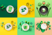 Collection Of Table Settings For St. Patrick's Day Celebration On Color Background