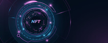NFT Nonfungible Tokens Background. Glowing Blue And Purple HUD Elements With Computer Circuit Board. Futuristic Hi-tech Digital Concept. Abstract Technology Cover