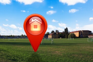 Sticker - House symbol with location pin icon on earth in real estate sale or property investment concept,