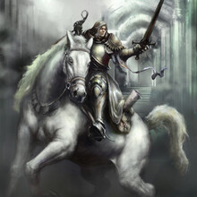 A Knight On A Mighty White Horse In Golden Armor Is Preparing For An Attack, He Has A Sword In His Hand. Digital Drawing Style, 2D Illustration