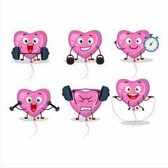 Wall Mural - A healthy pink love balloon cartoon style trying some tools on Fitness center