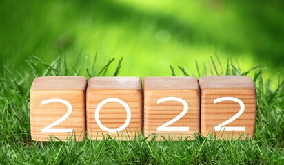 Sticker - 2022 concept with cube wooden on a green grass field, Happy new year 2022