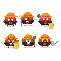 Wall Mural - Farmer red chinese traditional hat cute mascot character with fork