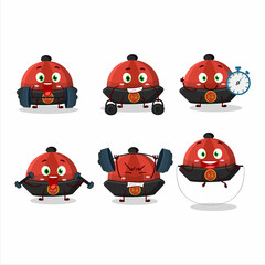 Wall Mural - A healthy red chinese traditional hat cartoon style trying some tools on Fitness center