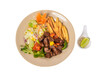 beef rattles and cheese shaker French fries and vegetables Delicious food Separated on white background