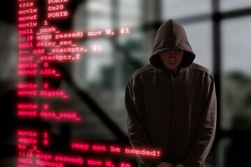 security source code and hacker man. hack concept