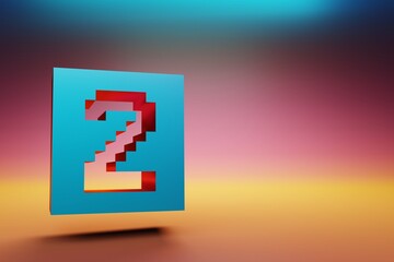 Poster - Pixel number 2. Beautiful Blue Two icons symbol on multicolor bright background. 3d rendering illustration. Background pattern for design.