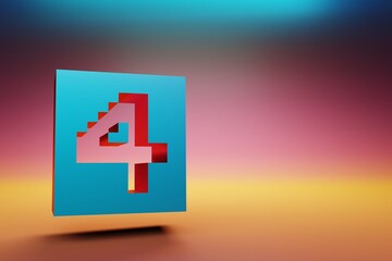 Fototapete - Pixel number 4. Beautiful Blue Four icons symbol on multicolor bright background. 3d rendering illustration. Background pattern for design.