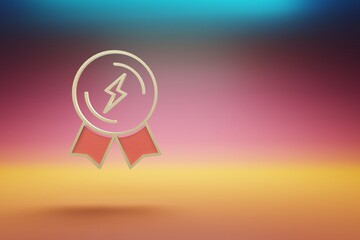 Poster - Beautiful golden lightning Badge symbol on multicolor bright background. 3d rendering illustration. Background pattern for design.