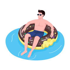 Wall Mural - Man in sunglasses in donut air mattress semi flat color vector character. Lying figure. Full body person on white. Pool activity simple cartoon style illustration for web graphic design and animation