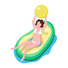 Wall Mural - Woman playing ball on water semi flat color vector character. Sitting figure. Full body person on white. Air mattress activity simple cartoon style illustration for web graphic design and animation