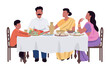 © IMG visuals characte - Family dinner semi flat color vector characters. Sitting figures. Full body person on white. Eating and drinking simple cartoon style illustration for web graphic design and animation
