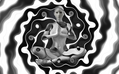 Wall Mural - Silhouette of a girls in Lotus position on the background of the fractal universe. A state of trance and deep meditation. A spiritual journey in the universe. 3D illustrations.