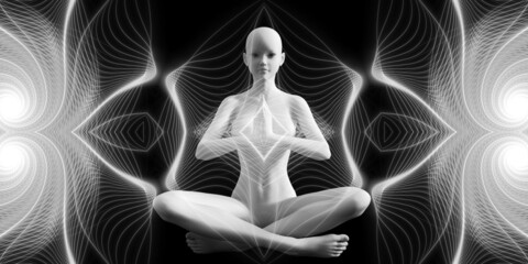Wall Mural - Silhouette of a girl in Lotus position on the background of the fractal universe. A state of trance and deep meditation. A spiritual journey in the universe. 3D illustrations.