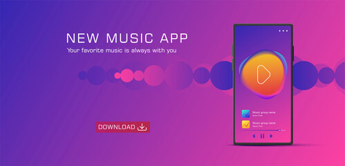 Music streaming mobile app design. Generic and fictional user interface on a smartphone display, promo banner for the application in purple colors