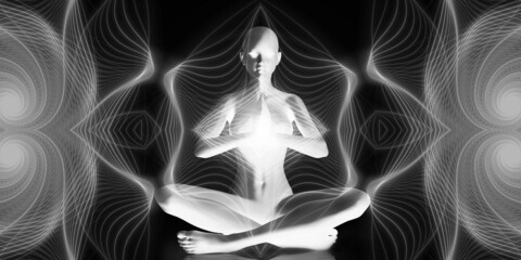 Wall Mural - Silhouette of a girl in Lotus position on the background of the fractal universe. A state of trance and deep meditation. A spiritual journey in the universe. 3D illustrations.