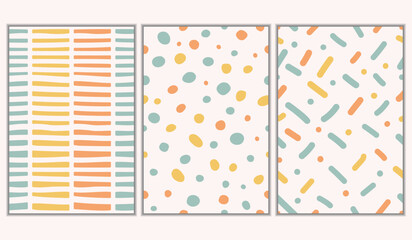 Set of three seamless patterns. Colorful line doodle background. Modern fashion vector illustration.