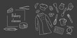 © Оксана Назарова - Bakery classes and courses banner background. Chef uniform, pastries, desserts and kitchen cooking utensils. Hand drawn vector doodle illustration