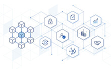 Blockchain Technology: How Blockchain Works. Abstract Hexagon Background. Editable Stroke Icons Vector Illustration. 