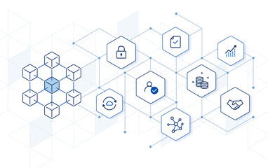 Wall Mural - blockchain technology: how blockchain works. abstract hexagon background. editable stroke icons vect