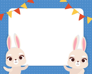 Poster - Cute Hare Animal at White Empty Board with Garland Vector Template