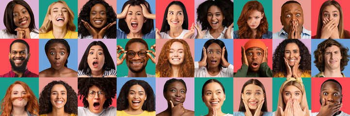  Human emotions, face expressions concept. Collection of closeup photos
