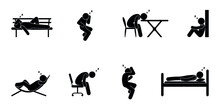 Sleeping Man Icon, People Sleep In Various Positions, Stickman Tired And Fell Asleep On The Bench, In The Office And In The Bedroom, People Silhouettes Isolated, Stick Figure Pictogram