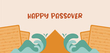 Passover Greeting Banner With The Egyptian Pyramids And Splitting Sea And Matza Bread. Holiday Jewish Exodus From Egypt. Pesach Template For Your Design. Vector Illustration