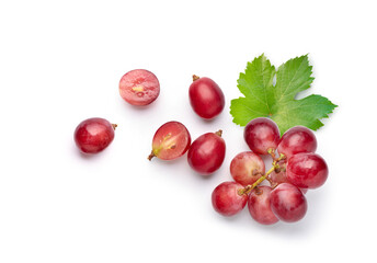 Wall Mural - flat lay (top view) of red grape with leaves on white background.