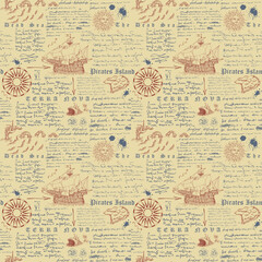 Poster - Vector image of a seamless texture for printing on fabric and paper in the style of a medieval marine record, sketch, engraving of the captain's diary font lorem ipsum