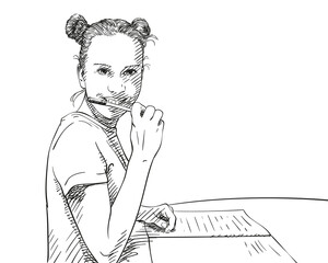 Wall Mural - Sketch of girl with two buns hairstyle studying, gnawing pen and smile, Hand drawn vector illustration