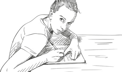 Sketch of girl writing in notebook, Hand drawn vector illustration