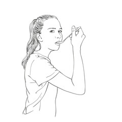 Canvas Print - Hand drawn sketch of eating teenage girl, Vector linear illustration