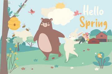 Hello spring concept background. Cute animals greeting springtime. Bunnies hold Easter eggs, birds sit near nest on tree branches, lambs ride on swing. Vector illustration in flat cartoon design