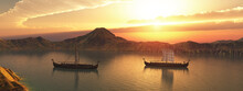 Zwei Wikingerschiffe Auf Einem Fluss Bei Sonnenuntergang