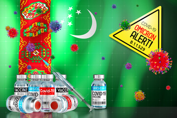 Covid-19 Omicron B.1.1.529 variant alert, vaccination programme in Turkmenistan - 3D illustration