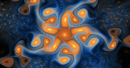 Wall Mural - Abstract colorful fractal background with fantastic swirl. Amazing blue and orange light effect. Festive wallpaper. 3d rendering.